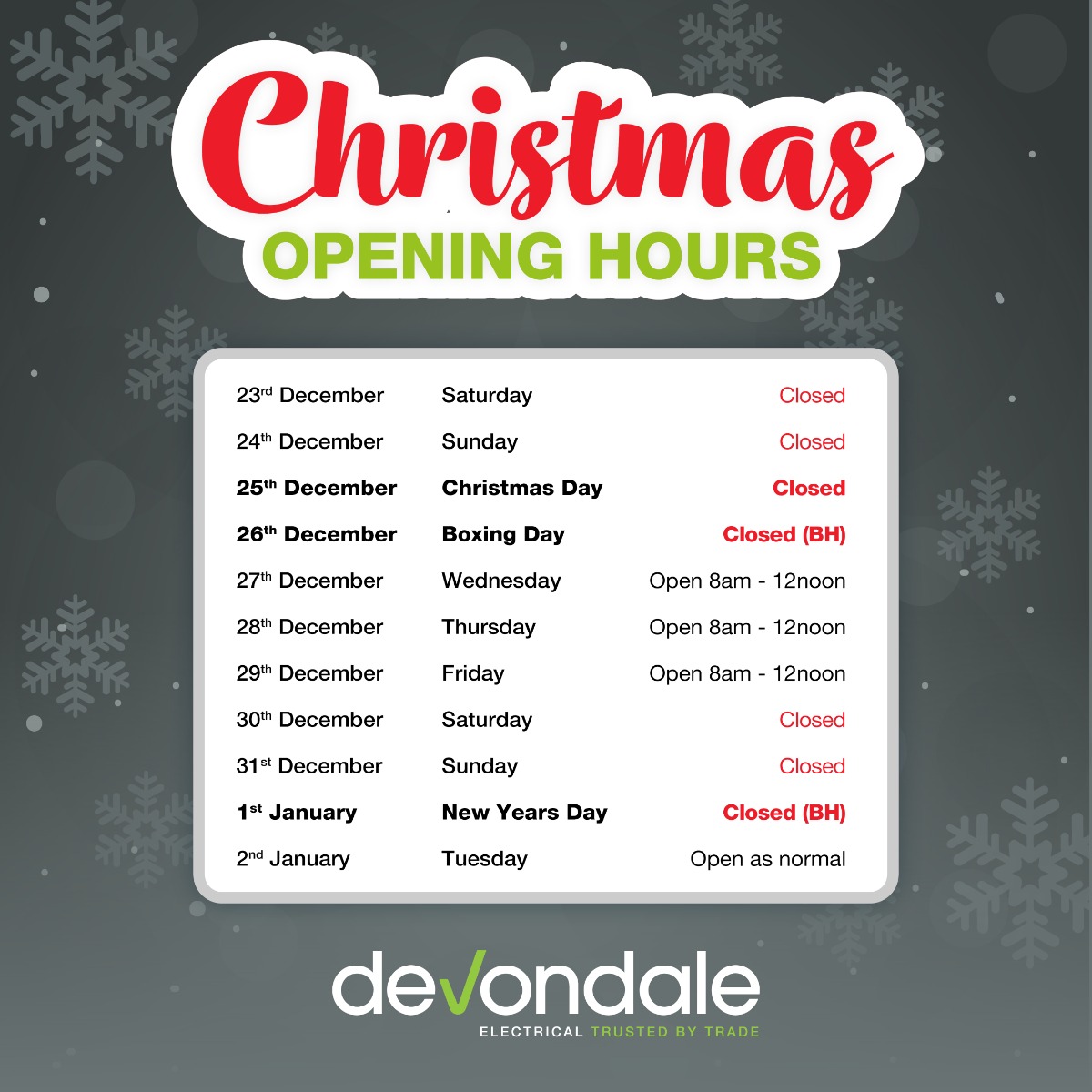 Christmas Opening Hours 2023